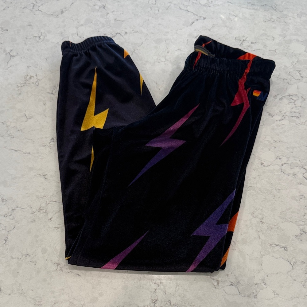 Aviator Nation Velvet Black Sweatpants with Yellow,Purple, Orange,Pink Lightning